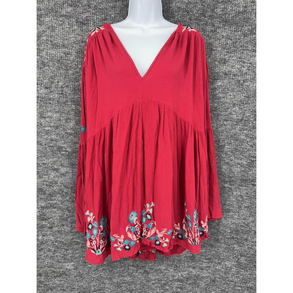 Free People Dress Womens L Red Floral Embroidered V Neck Bell Sleeve Swing Boho